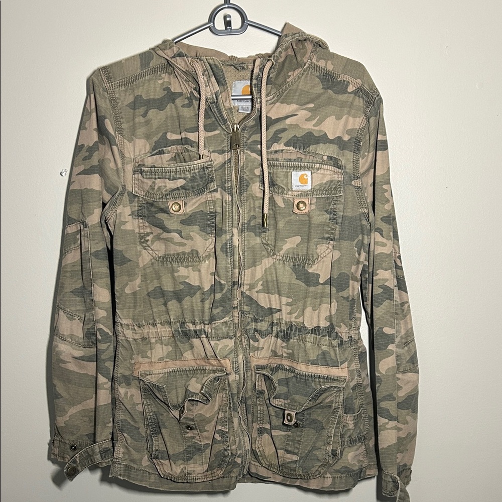 Carhartt Women’s S Green Camo Cinched Waist Hooded Jacket Rare